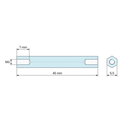 Plan coté 45 mm, Entretoise manchon hexagonal fileté femelle/femelle acier zingué bleu M3
