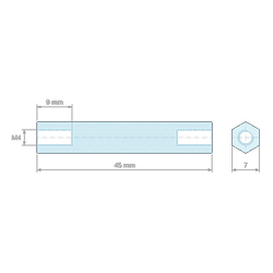 Plan coté 45 mm, Entretoise manchon hexagonal fileté femelle/femelle acier zingué bleu M4