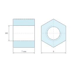 Plan coté 7 mm, Entretoise manchon hexagonal fileté femelle/femelle acier zingué bleu au plomb M5