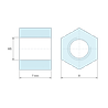 Plan coté 7 mm, Entretoise manchon hexagonal fileté femelle/femelle acier zingué bleu au plomb M5