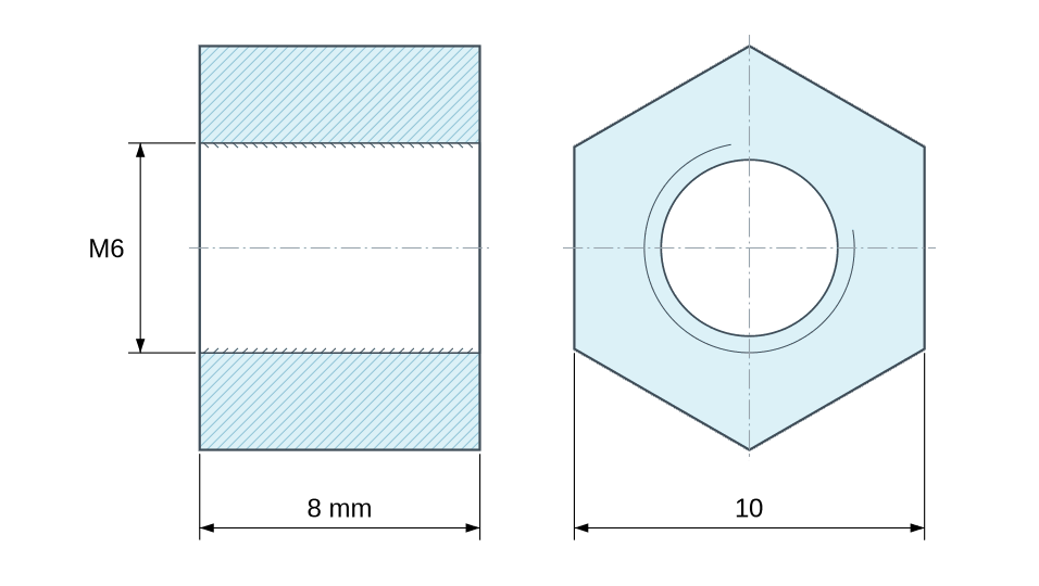 Plan coté Entretoise manchon hexagonal fileté femelle/femelle acier zingué bleu M6