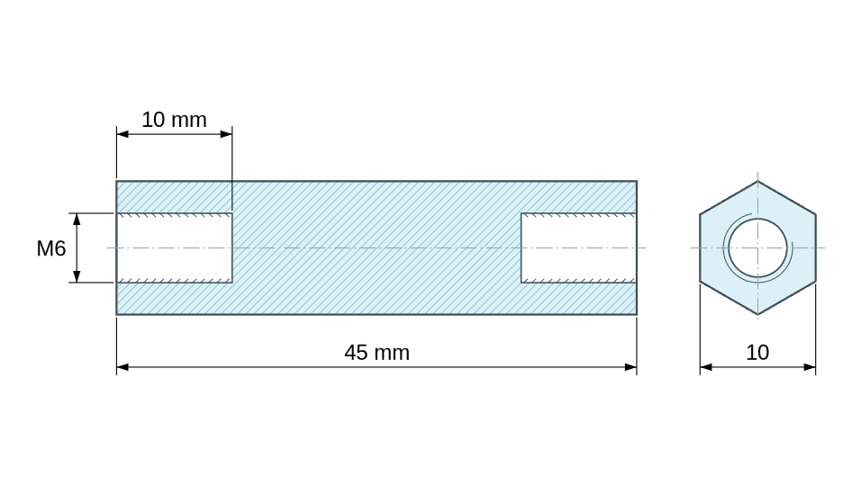 Plan coté Entretoise manchon hexagonal fileté femelle/femelle acier zingué bleu M6