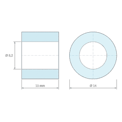 Plan coté 11 mm, Entretoise lisse plastique polyamide PA6 renforcé fibre de verre Ø8,2x14mm pour vis M8