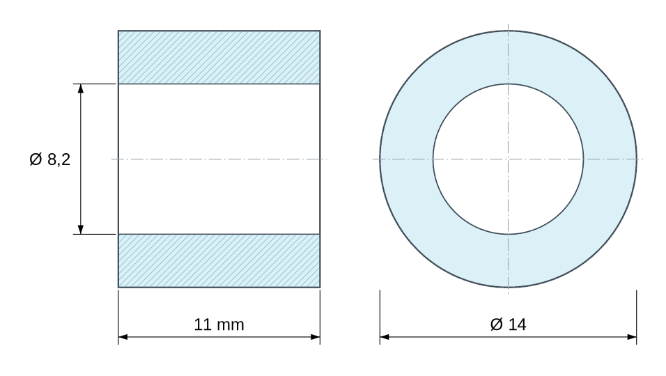 Plan coté Entretoise lisse plastique polyamide PA6 renforcé fibre de verre Ø8,2x14mm pour vis M8