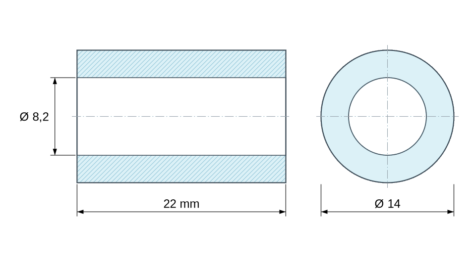 Plan coté Entretoise lisse plastique polyamide PA6 renforcé fibre de verre Ø8,2x14mm pour vis M8 Plan coté Entretoise lisse plastique polyamide PA6 renforcé fibre de verre Ø8,2x14mm pour vis M8