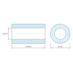 Plan coté 24 mm, Entretoise lisse plastique polyamide PA6 renforcé fibre de verre Ø8,2x14mm pour vis M8