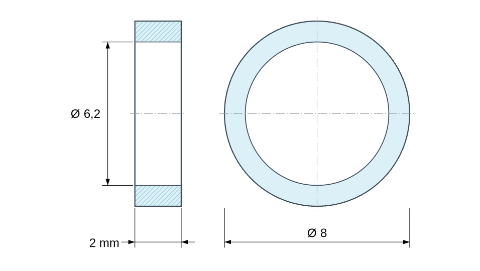 Plan coté Entretoise lisse plastique polyamide PA6 renforcé fibre de verre Ø6,2x8mm pour vis M6 Plan coté Entretoise lisse plastique polyamide PA6 renforcé fibre de verre Ø6,2x8mm pour vis M6
