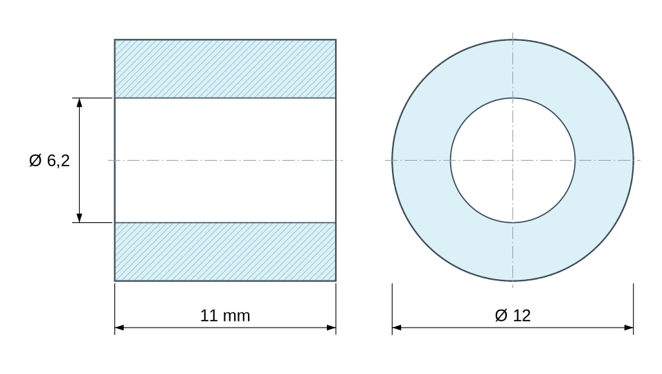 Plan coté Entretoise lisse plastique polyamide PA6 renforcé fibre de verre noir Ø6,2x12mm pour vis M6