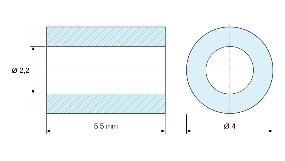 Plan coté Entretoise lisse plastique polyamide PA6 renforcé fibre de verre Ø2,2x4mm pour vis M2 Plan coté Entretoise lisse plastique polyamide PA6 renforcé fibre de verre Ø2,2x4mm pour vis M2