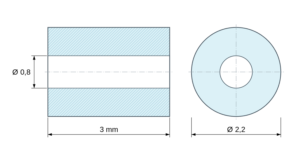 Plan coté Entretoise lisse céramique C221 Ø0,8x2,2mm