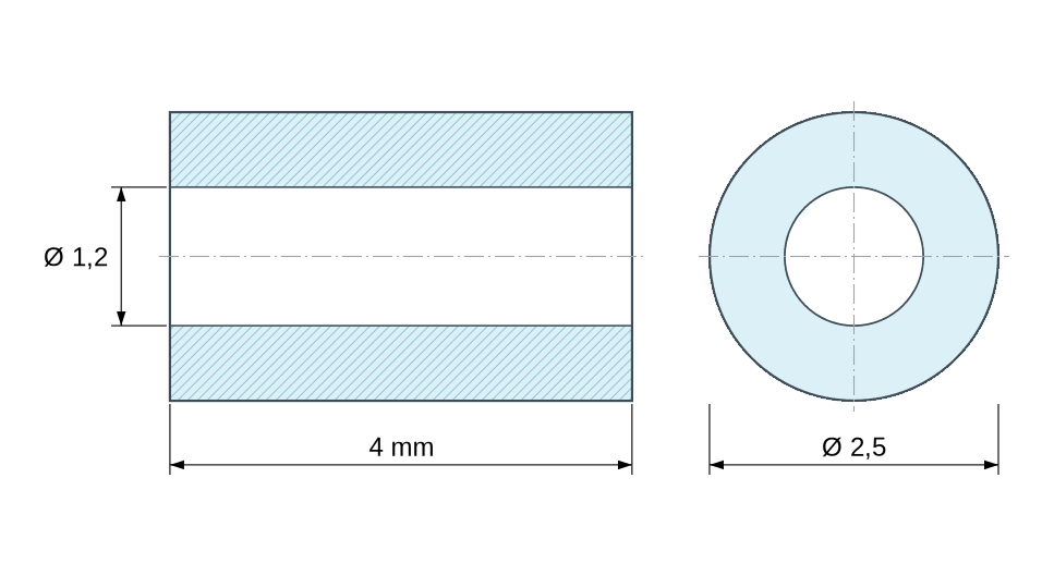 Plan coté : Entretoise lisse céramique C221 Ø1,2x2,5mm