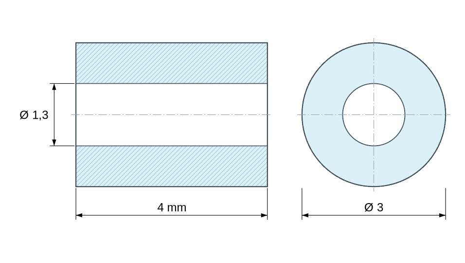 Plan coté : Entretoise lisse céramique C221 Ø1,3x3mm