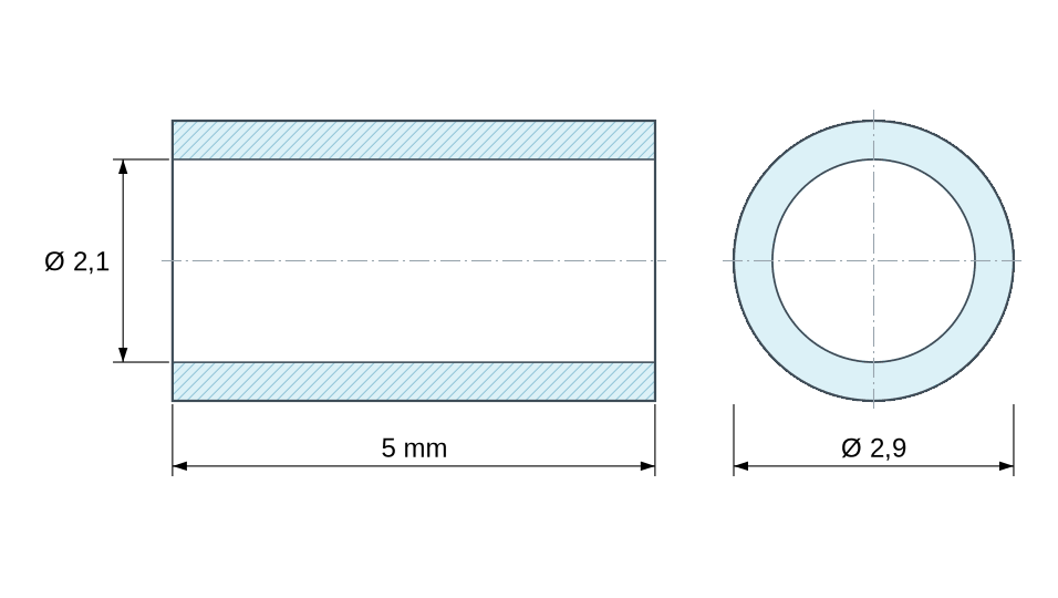 Plan coté : Entretoise lisse céramique C221 Ø2,1x2,9mm