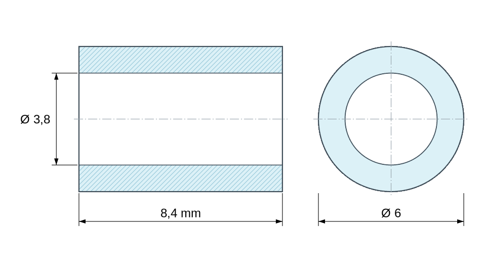Plan coté : Entretoise lisse céramique C221 Ø3,8x6mm