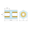 Plan coté 10 mm, Entretoise isolante hexagonale filetée femelle/femelle plastique PA6 insert laiton M2,5 - 6 mm sur plats