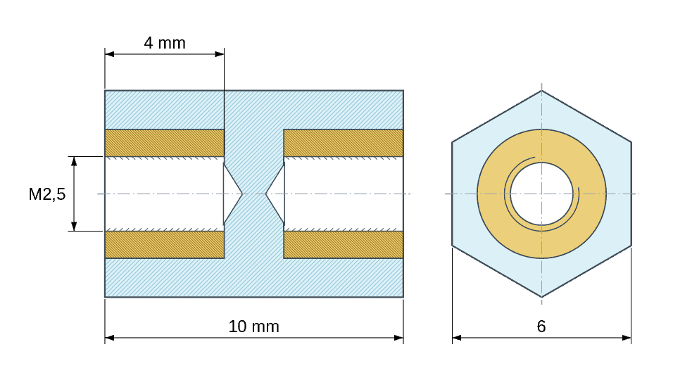 Plan coté : Entretoise isolante hexagonale filetée femelle/femelle plastique PA6 insert laiton M2,5 - 6 mm sur plats