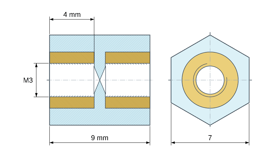 Plan coté : Entretoise isolante hexagonale filetée femelle/femelle plastique PA6 insert laiton M3 - 7 mm sur plats