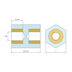 Plan coté 10 mm, Entretoise isolante hexagonale filetée femelle/femelle plastique PA6 insert laiton M3 - 7 mm sur plats