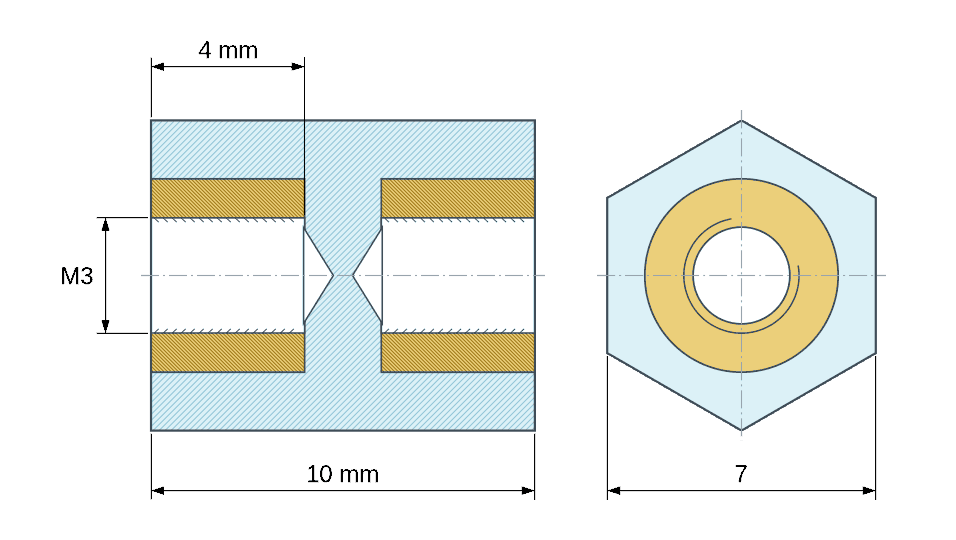 Plan coté Entretoise isolante hexagonale filetée femelle/femelle plastique PA6 insert laiton M3 - 7 mm sur plats