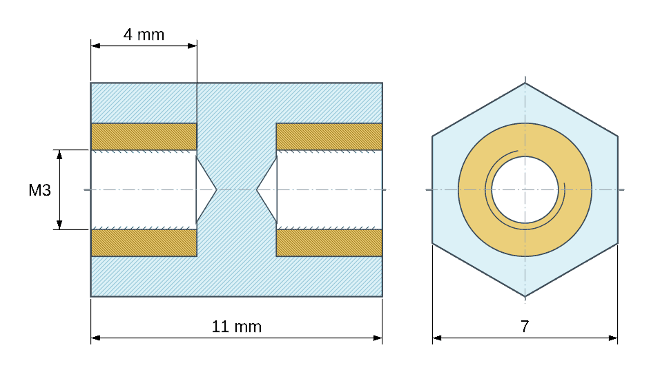Plan coté Entretoise isolante hexagonale filetée femelle/femelle plastique PA6 insert laiton M3 - 7 mm sur plats