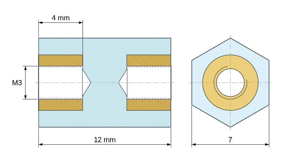 Plan coté Entretoise isolante hexagonale filetée femelle/femelle plastique PA6 insert laiton M3 - 7 mm sur plats