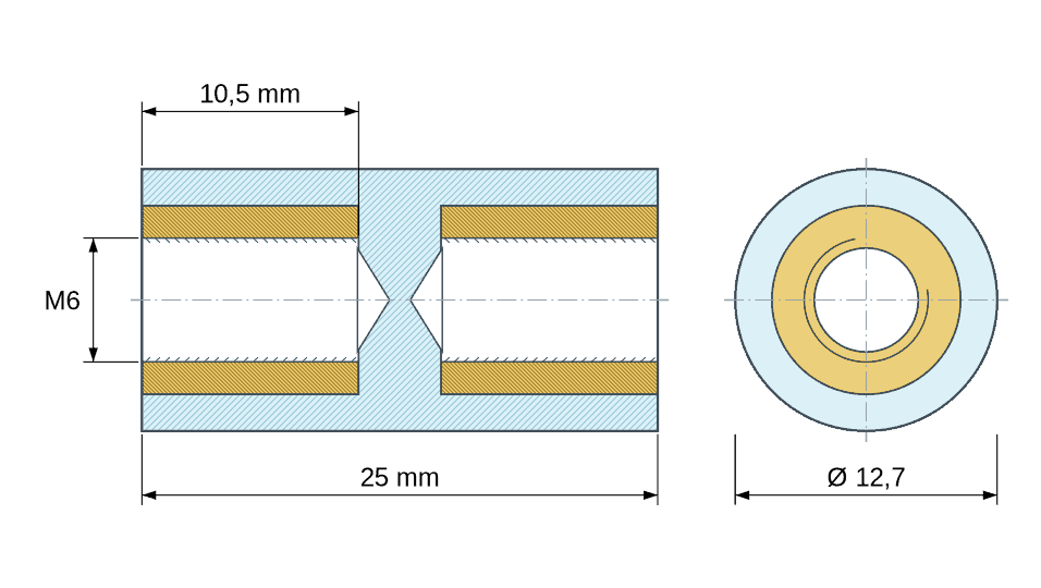 Plan coté : Entretoise isolante ronde filetée femelle/femelle plastique PA6.6 insert laiton M6 - Ø12,7 mm