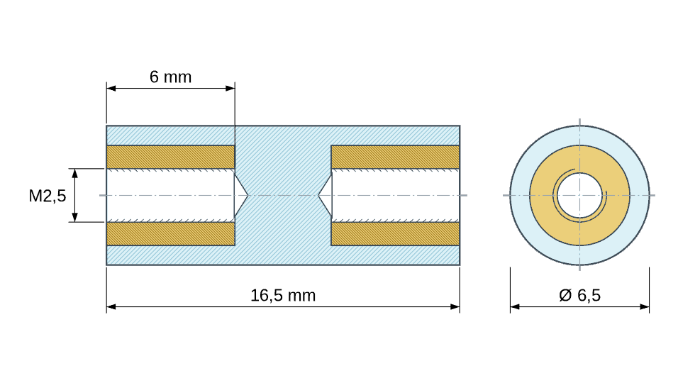 Plan coté : Entretoise isolante ronde filetée femelle/femelle plastique PA6.6 insert laiton M2,5 - Ø6,5 mm