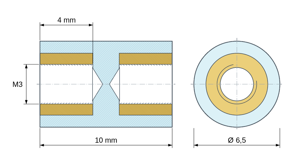 Plan coté : Entretoise isolante ronde filetée femelle/femelle plastique PA6.6 insert laiton M3 - Ø6,5 mm