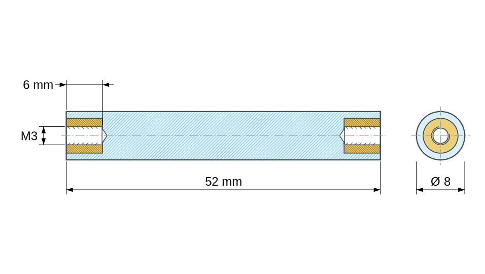 Plan coté : Entretoise isolante ronde filetée femelle/femelle plastique PA6.6 insert laiton M3 - Ø8 mm