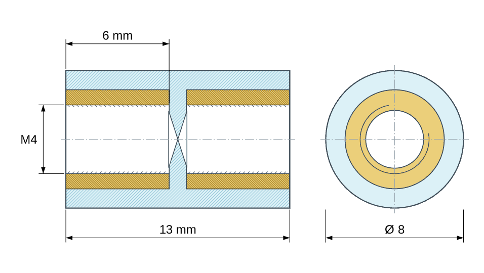 Plan coté : Entretoise isolante ronde filetée femelle/femelle plastique PA6.6 insert laiton M4 - Ø8 mm