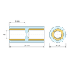 Plan coté 20 mm, Entretoise isolante ronde filetée femelle/femelle plastique PA6.6 insert laiton M5 - Ø9,5 mm