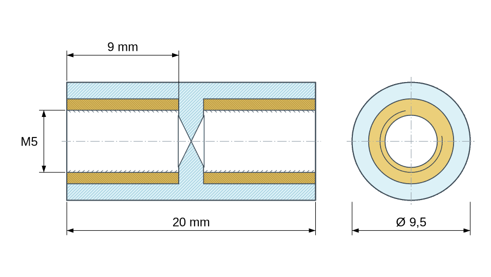 Plan coté : Entretoise isolante ronde filetée femelle/femelle plastique PA6.6 insert laiton M5 - Ø9,5 mm