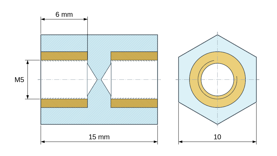 Plan coté : Entretoise isolante hexagonale filetée femelle/femelle plastique PA6.6 insert laiton M5 - 10 mm sur plats