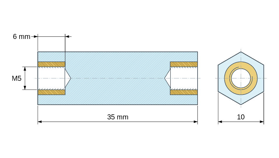 Plan coté Entretoise isolante hexagonale filetée femelle/femelle plastique PA6.6 insert laiton M5 - 10 mm sur plats