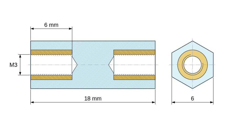 Plan coté : Entretoise isolante hexagonale filetée femelle/femelle plastique PA6.6 insert laiton M3 - 6 mm sur plats