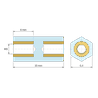 Plan coté 15 mm, Entretoise isolante hexagonale filetée femelle/femelle plastique PA6.6 insert laiton M3 - 6,4 mm sur plats