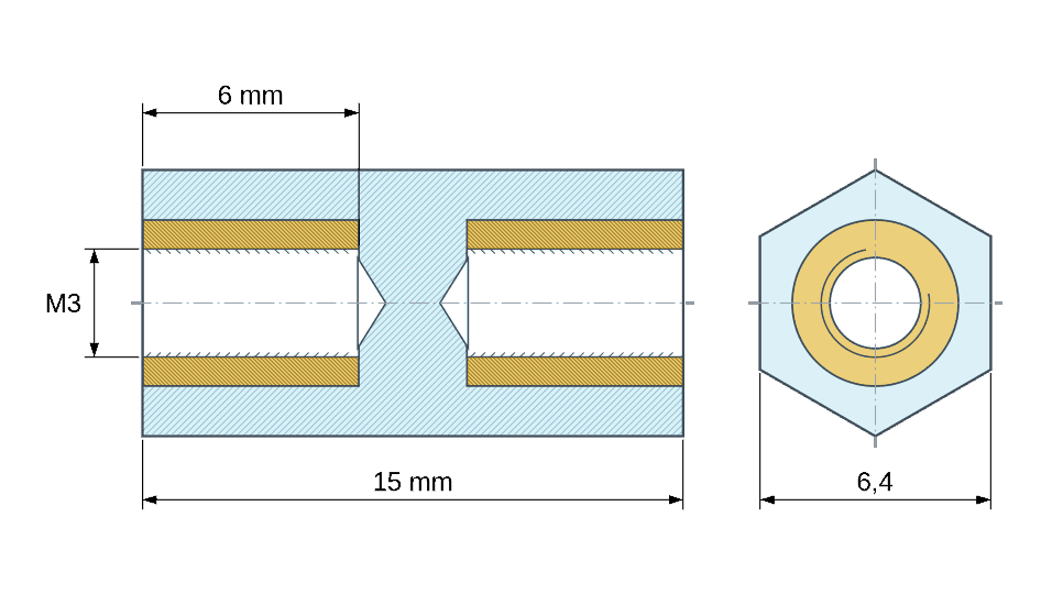 Plan coté : Entretoise isolante hexagonale filetée femelle/femelle plastique PA6.6 insert laiton M3 - 6,4 mm sur plats