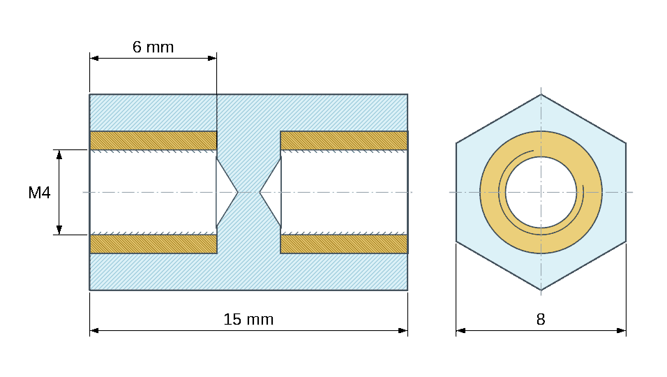 Plan coté : Entretoise isolante hexagonale filetée femelle/femelle plastique PA6.6 insert laiton M4 - 8 mm sur plats