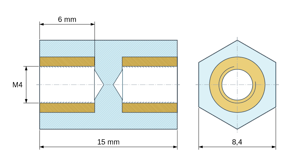 Plan coté : Entretoise isolante hexagonale filetée femelle/femelle plastique PA6.6 insert laiton M4 - 8,4 mm sur plats