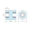 Plan coté 26 mm, Entretoise isolante hexagonale filetée femelle/femelle plastique polyester insert acier M8 - 21 mm sur plats