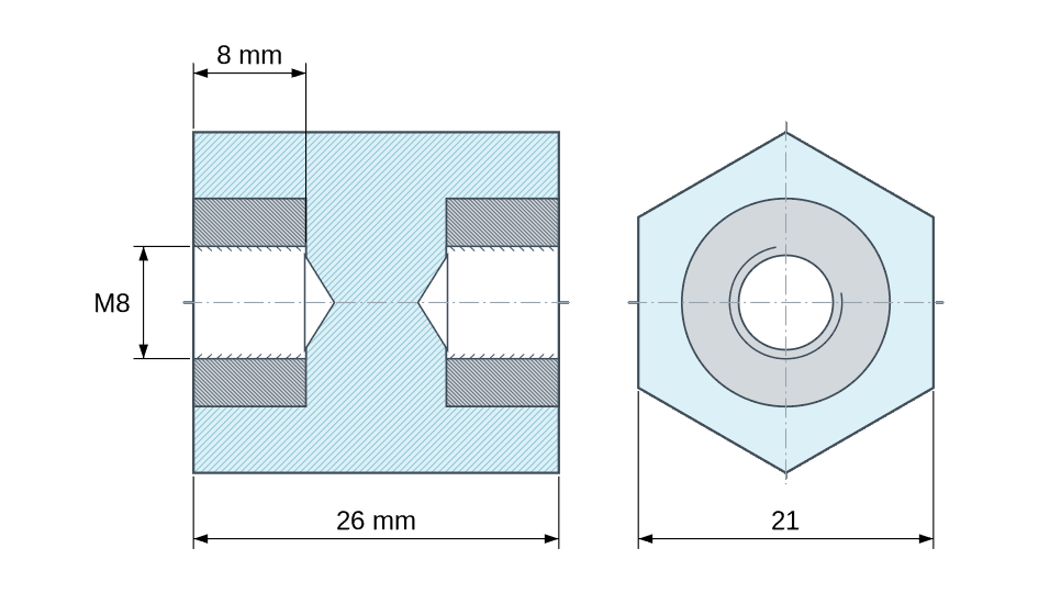 Plan coté : Entretoise isolante hexagonale filetée femelle/femelle plastique polyester insert acier M8 - 21 mm sur plats