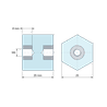 Plan coté 25 mm, Entretoise isolante hexagonale filetée femelle/femelle plastique polyester insert acier M6 - 25 mm sur plats