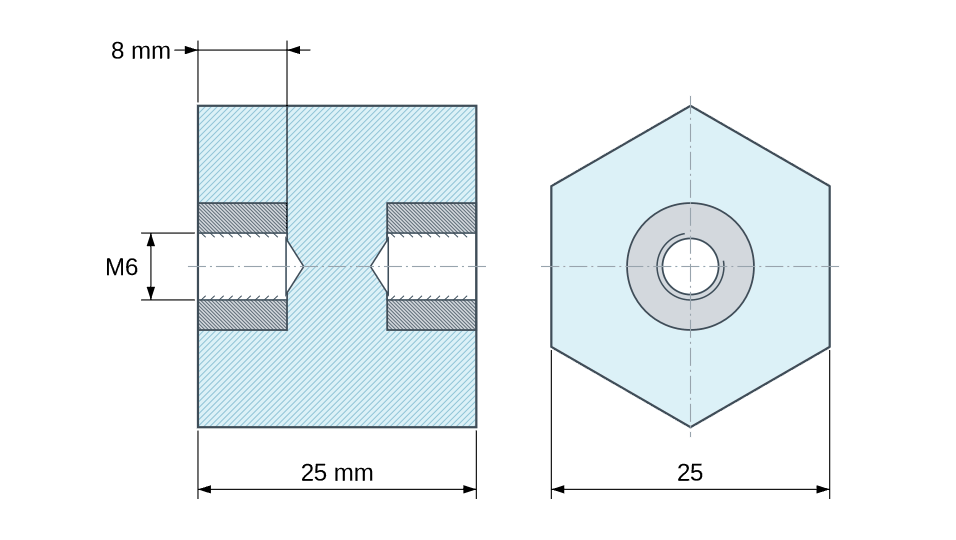 Plan coté : Entretoise isolante hexagonale filetée femelle/femelle plastique polyester insert acier M6 - 25 mm sur plats