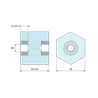 Plan coté 30 mm, Entretoise isolante hexagonale filetée femelle/femelle plastique polyester insert acier M8 - 30 mm sur plats