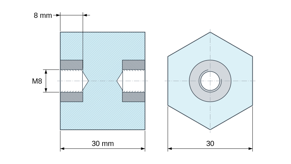 Plan coté : Entretoise isolante hexagonale filetée femelle/femelle plastique polyester insert acier M8 - 30 mm sur plats