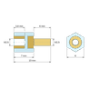 Plan coté 7 mm, Entretoise isolante hexagonale filetée mâle/femelle plastique PA6 insert laiton M2,5 - 6 mm sur plats