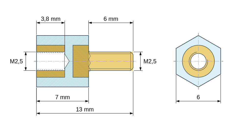 Plan coté : Entretoise isolante hexagonale filetée mâle/femelle plastique PA6 insert laiton M2,5 - 6 mm sur plats