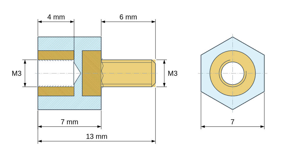 Plan coté : Entretoise isolante hexagonale filetée mâle/femelle plastique PA6 insert laiton M3 - 7 mm sur plats