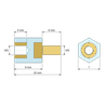 Plan coté 9 mm, Entretoise isolante hexagonale filetée mâle/femelle plastique PA6 insert laiton M3 - 7 mm sur plats