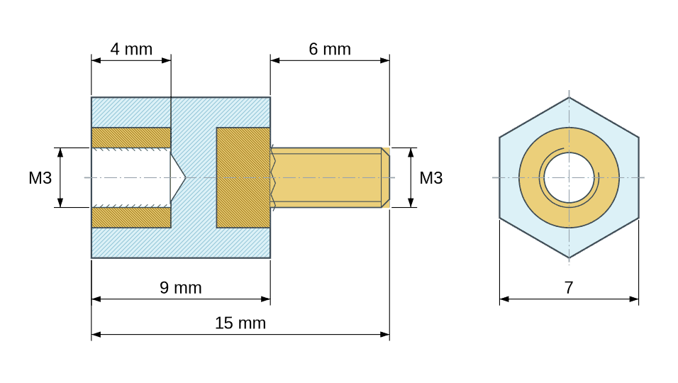 Plan coté Entretoise isolante hexagonale filetée mâle/femelle plastique PA6 insert laiton M3 - 7 mm sur plats